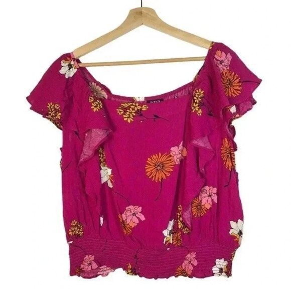 A.N.A Hot Pink Floral Flutter Short Sleeve Blouse L - Picture 1 of 3